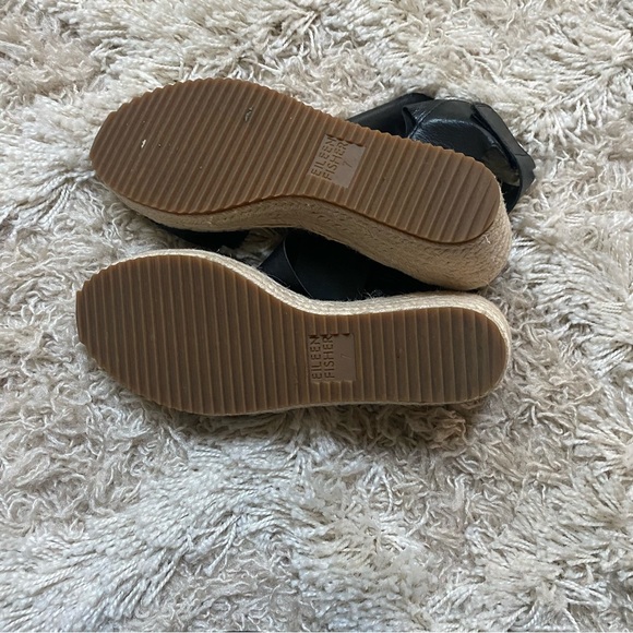 Eileen Fisher Willow Espadrille Wedge Sandals Tumbled Leather Black Size 7 - Picture 8 of 9